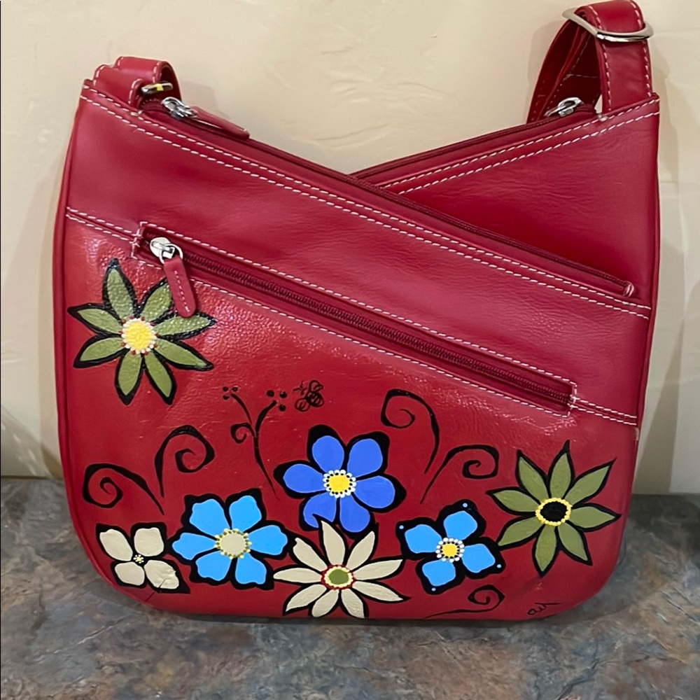 Red High Quality Leather Crossbody/Shoulder Bag with Hand Painted Art